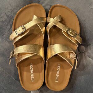 Steve Madden-Metallic Rose-Gold Cork Flat Sandals Y1